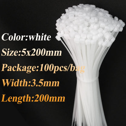 100Pcs/Bag Cable Tie Self-Locking Plastic Nylon Tie White Organiser Fasten Cable Wire Cable Zip Ties