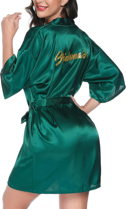 Women'S Satin Robe Short Kimono Bathrobes for Bride & Bridesmaid Wedding Party Robes with Gold Glitter or Rhinestones