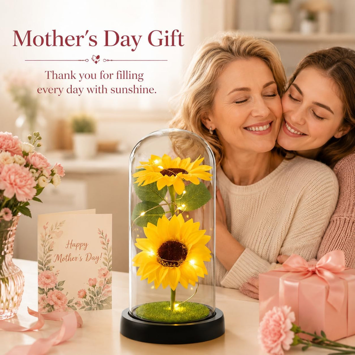 Sunflower Gifts for Women,Sunflower Lamp,Preserved Sunflower in Glass Dome