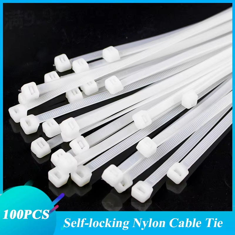 100Pcs/Bag Cable Tie Self-Locking Plastic Nylon Tie White Organiser Fasten Cable Wire Cable Zip Ties