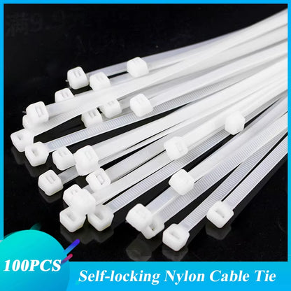 100Pcs/Bag Cable Tie Self-Locking Plastic Nylon Tie White Organiser Fasten Cable Wire Cable Zip Ties