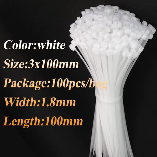 100Pcs/Bag Cable Tie Self-Locking Plastic Nylon Tie White Organiser Fasten Cable Wire Cable Zip Ties