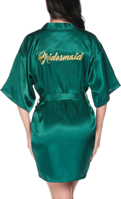 Women'S Satin Robe Short Kimono Bathrobes for Bride & Bridesmaid Wedding Party Robes with Gold Glitter or Rhinestones
