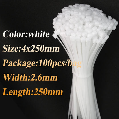 100Pcs/Bag Cable Tie Self-Locking Plastic Nylon Tie White Organiser Fasten Cable Wire Cable Zip Ties