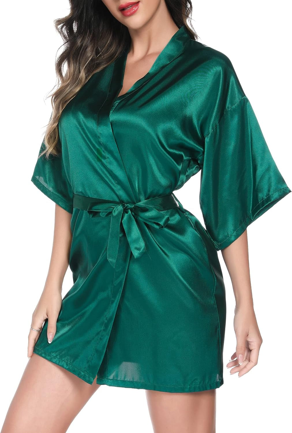 Women'S Satin Robe Short Kimono Bathrobes for Bride & Bridesmaid Wedding Party Robes with Gold Glitter or Rhinestones