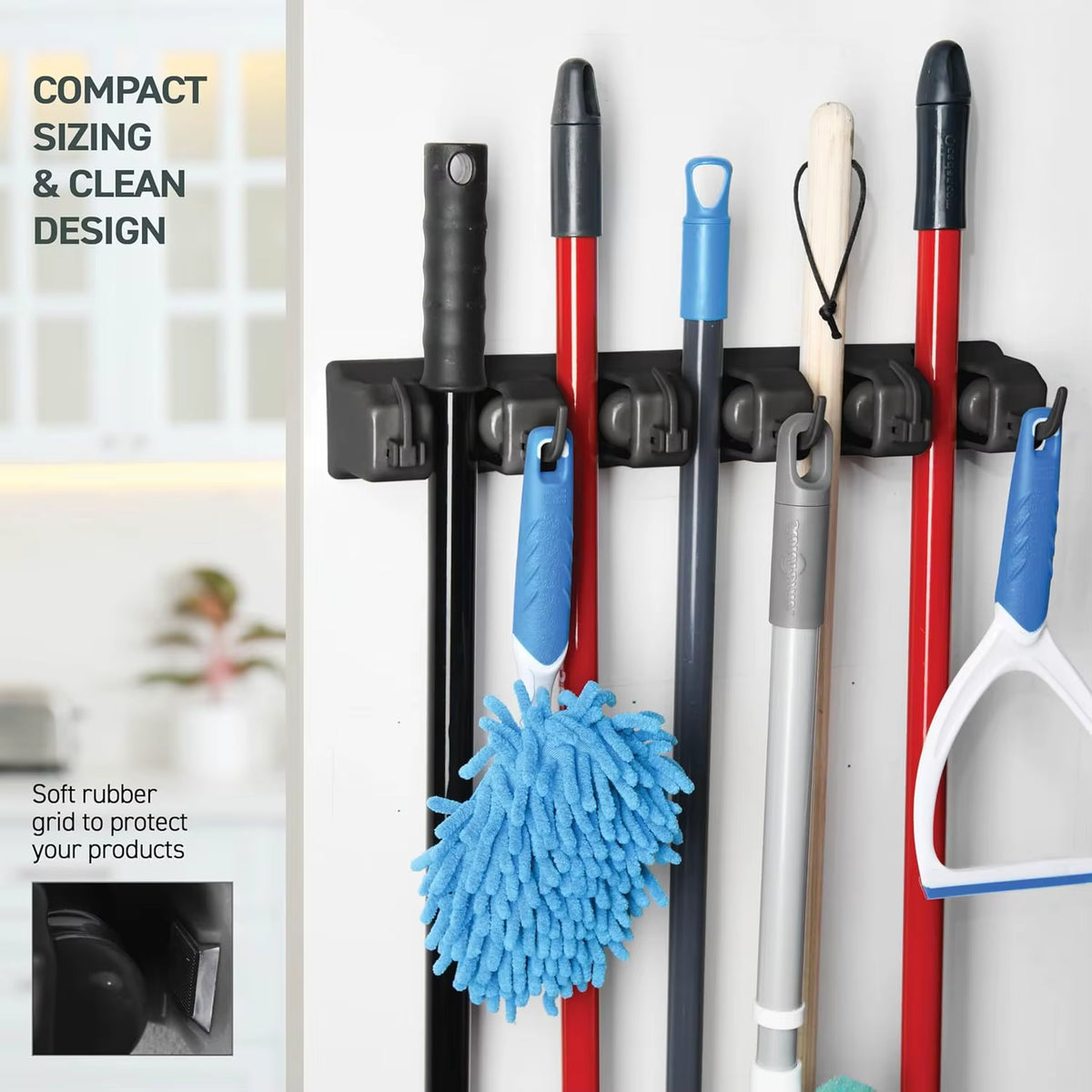 Mop and Broom Holder, Wall Mounted Garden Tool Organizer, Broom Hanger Tool Rack Storage for Kitchen, Laundr 5 Position 6 Hooks