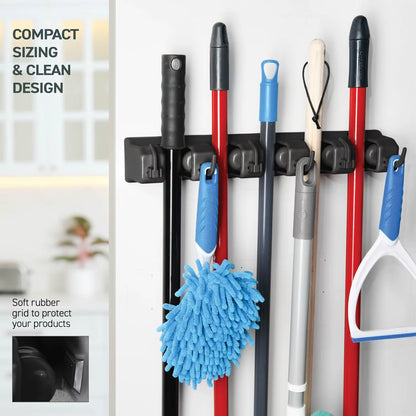 Mop and Broom Holder, Wall Mounted Garden Tool Organizer, Broom Hanger Tool Rack Storage for Kitchen, Laundr 5 Position 6 Hooks