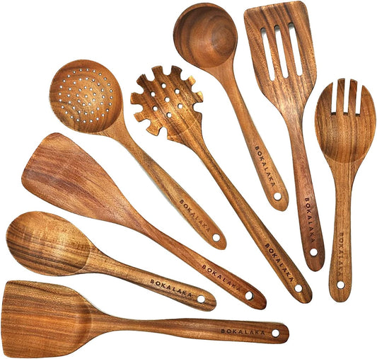 Teak Wooden Spoons for Cooking - 8Pcs Kitchen Utensils Set with Spatulas