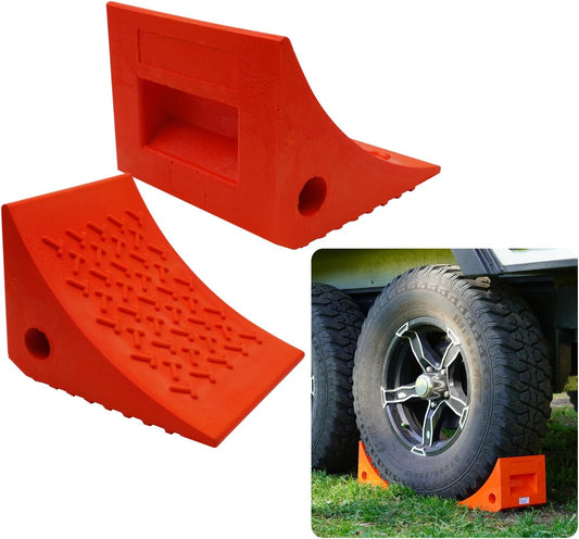 Heavy Duty Wheel Chocks (2 Pack) - Durable, Non-Slip, Solid Rubber Wheel Chocks for Boat Trailers, RV, Truck, Camper - Perfect on All Surfaces and in All Weather - Orange…
