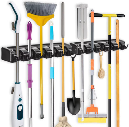 Mop and Broom Holder, Wall Mounted Garden Tool Organizer, Broom Hanger Tool Rack Storage for Kitchen, Laundr 5 Position 6 Hooks