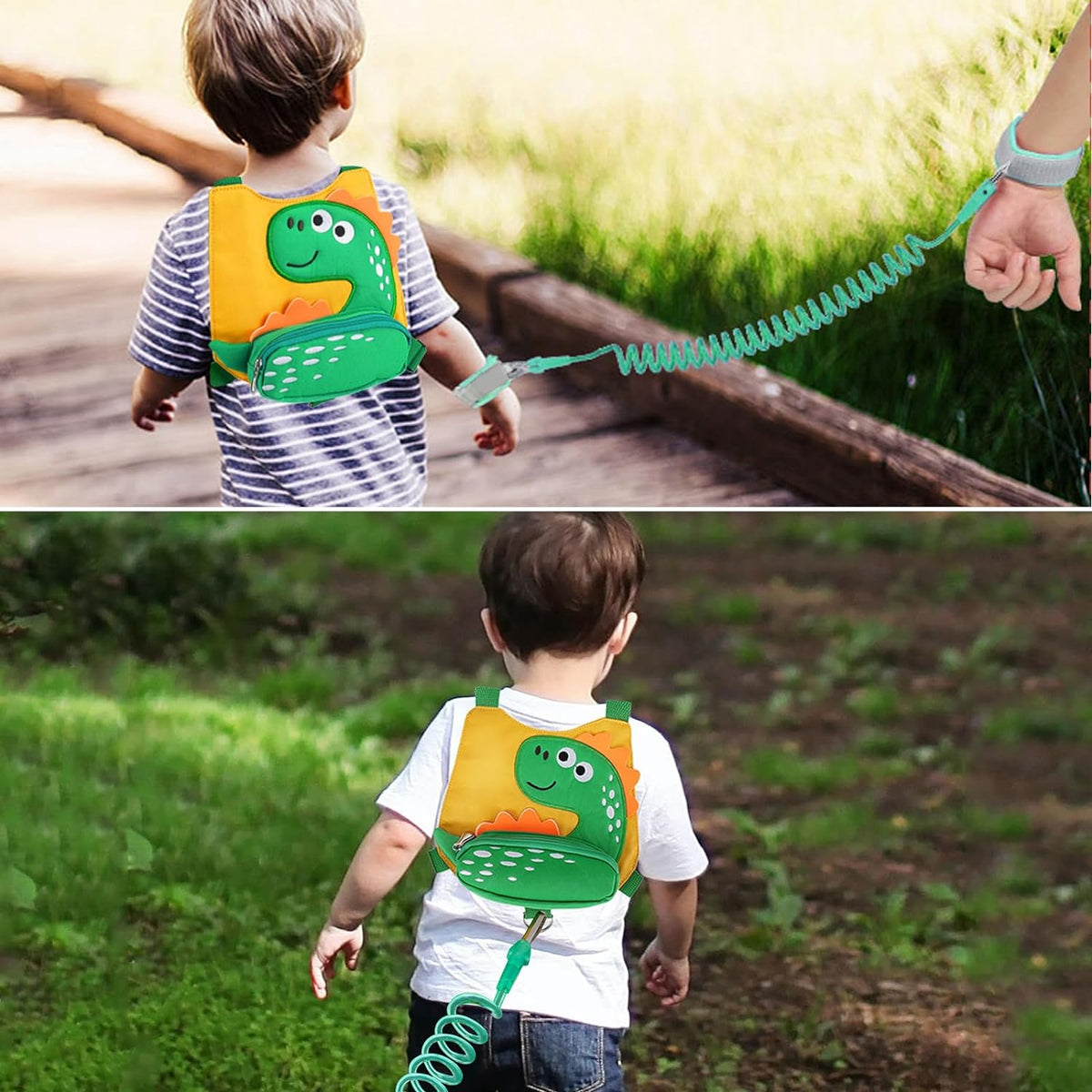 Toddler Harness Leash with anti Lost Wrist Link, Cute Dinosaur Kids Harnesses with Wristband Bracelet Leashes Strap Tether for Baby Boys Walking (Yellow)