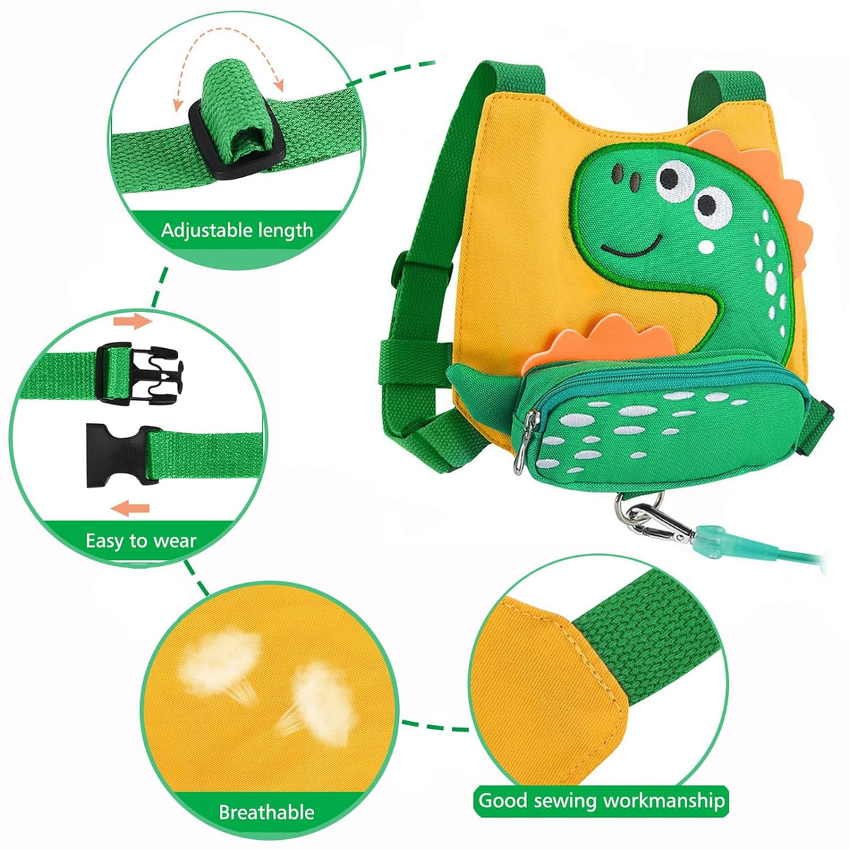 Toddler Harness Leash with anti Lost Wrist Link, Cute Dinosaur Kids Harnesses with Wristband Bracelet Leashes Strap Tether for Baby Boys Walking (Yellow)