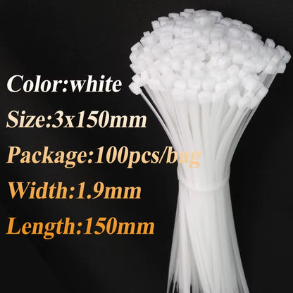 100Pcs/Bag Cable Tie Self-Locking Plastic Nylon Tie White Organiser Fasten Cable Wire Cable Zip Ties