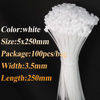100Pcs/Bag Cable Tie Self-Locking Plastic Nylon Tie White Organiser Fasten Cable Wire Cable Zip Ties