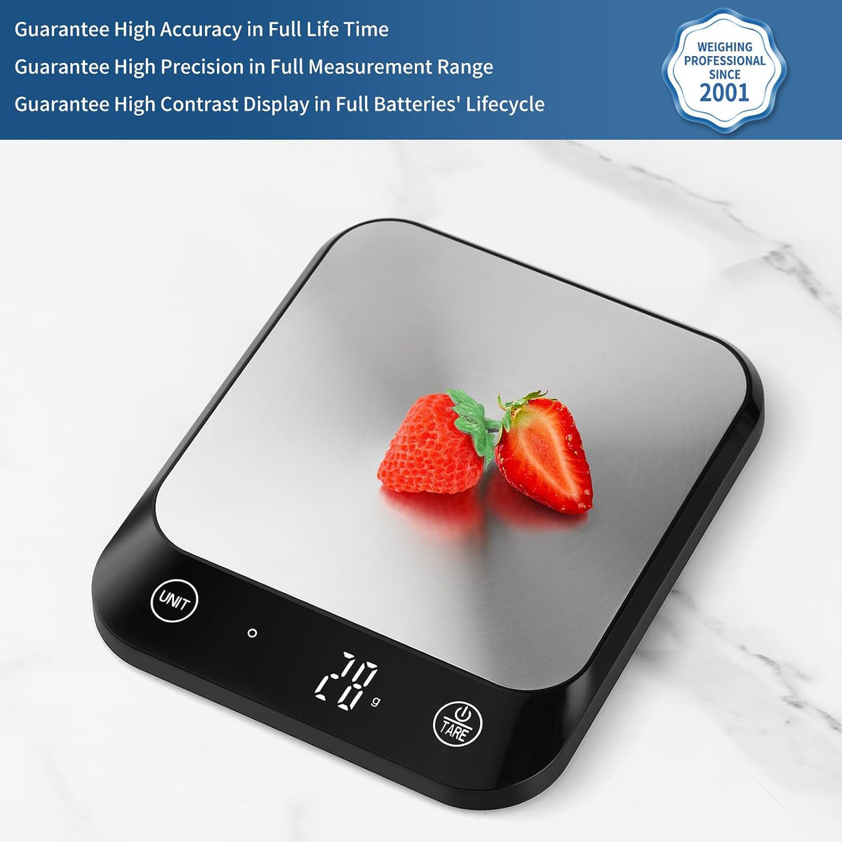 22Lb Digital Food Kitchen Scale, High Accuracy Assured by Weighing Professional Factory since 2001, Weight Loss, Baking and Cooking, LED Display, Batteries Included, Black