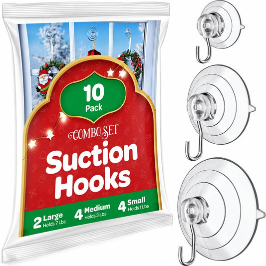 All-Purpose Suction Cup Hooks [10PK Combo Set] Powerful Window Suction Cups with Hooks Use to Hang on Glass, Windows, Doors, Mirrors, Tiles. Set Includes: 2 Large, 4 Medium, 4 Small