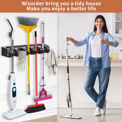 Mop and Broom Holder, Wall Mounted Garden Tool Organizer, Broom Hanger Tool Rack Storage for Kitchen, Laundr 5 Position 6 Hooks