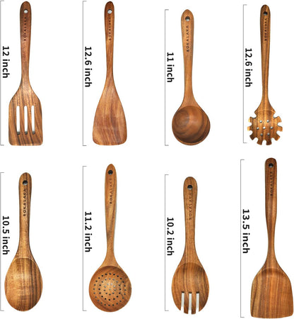 Teak Wooden Spoons for Cooking - 8Pcs Kitchen Utensils Set with Spatulas