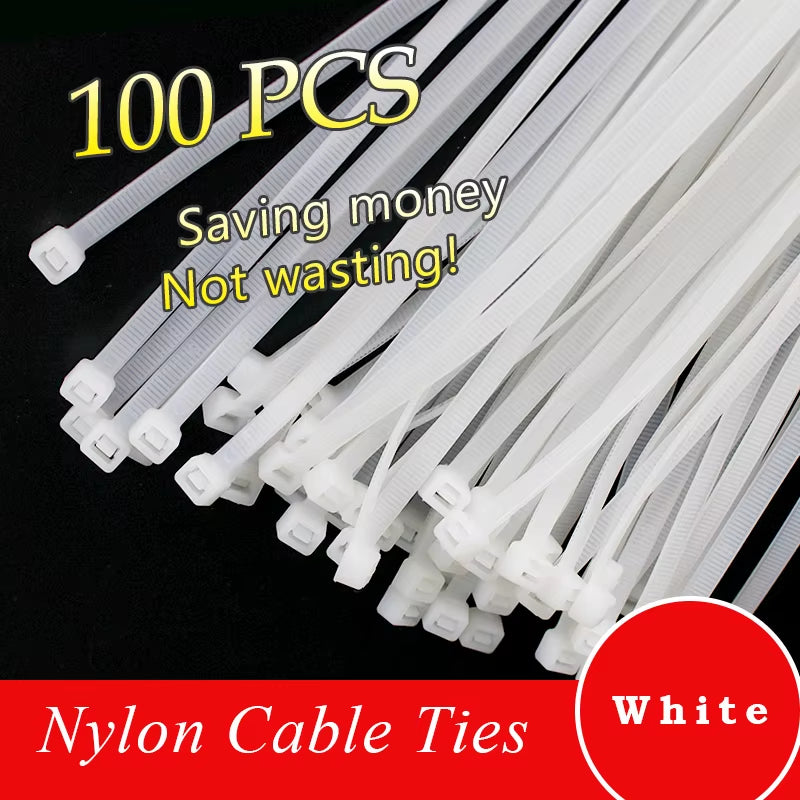 100Pcs/Bag Cable Tie Self-Locking Plastic Nylon Tie White Organiser Fasten Cable Wire Cable Zip Ties