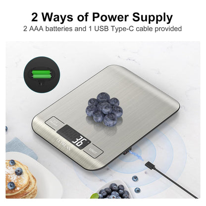 Food Scale, 33Lb Digital Kitchen Scale for Food Ounces Grams, 304 Stainless Steel, Type-C Charging and Batteries, Perfect for Meal Prep, Cooking, and Baking