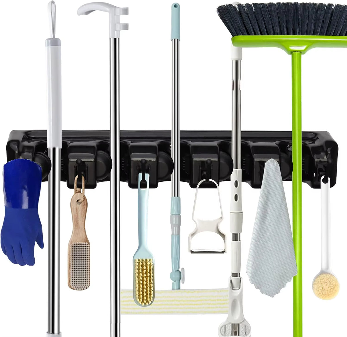 Mop and Broom Holder, Wall Mounted Garden Tool Organizer, Broom Hanger Tool Rack Storage for Kitchen, Laundr 5 Position 6 Hooks