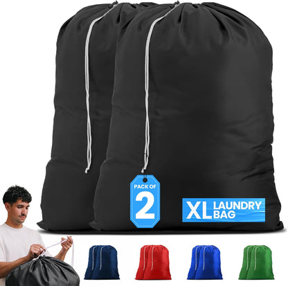 Nylon Laundry Bag - Locking Drawstring Closure and Machine Washable. These Large Bags Will Fit a Laundry Basket or Hamper and Strong Enough to Carry up to Three Loads of Clothes. (Black | 2-Pack)